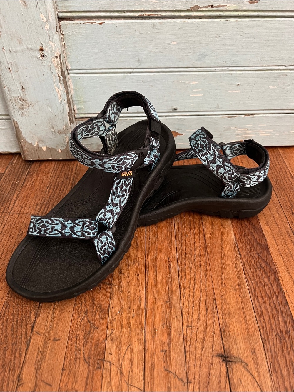 Teva Women's Black Sandals with Light Blue Patterned Straps